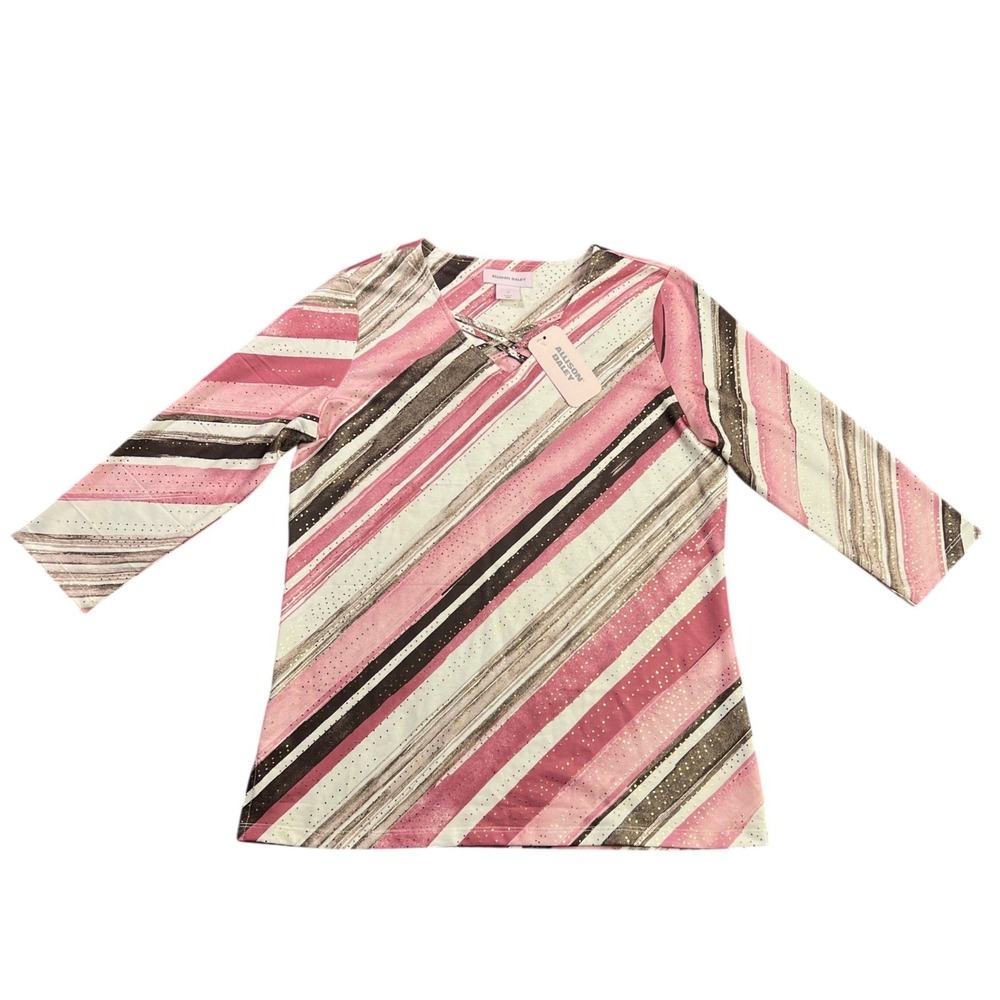 NWT Allison Daley Women Small Pink Striped Lattice V-Neck Glitter 3/4 Sleeve Top